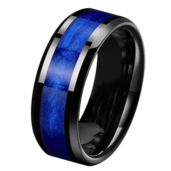 Wholesale Price Trending Galaxy Space 8MM Custom Rings Blue Sand Inlay Black Tungsten Ring Men Wedding Band Fashion Jewelry