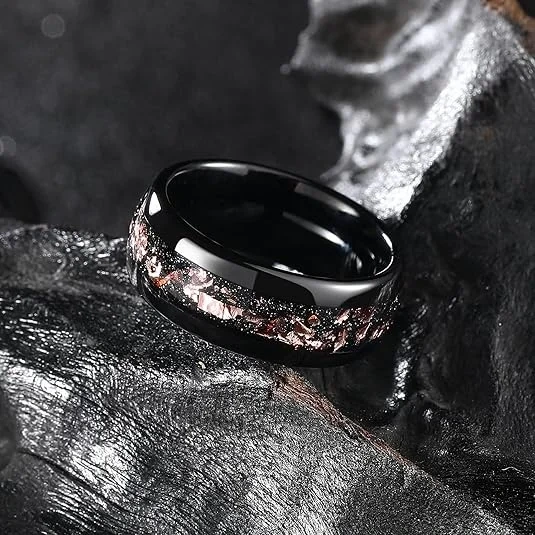 Wholesale Factory Price Black Tungsten Wedding Rings Rose Gold Leaf Inlaid Mens Tungsten Rings Fashion Jewelry for Women Men