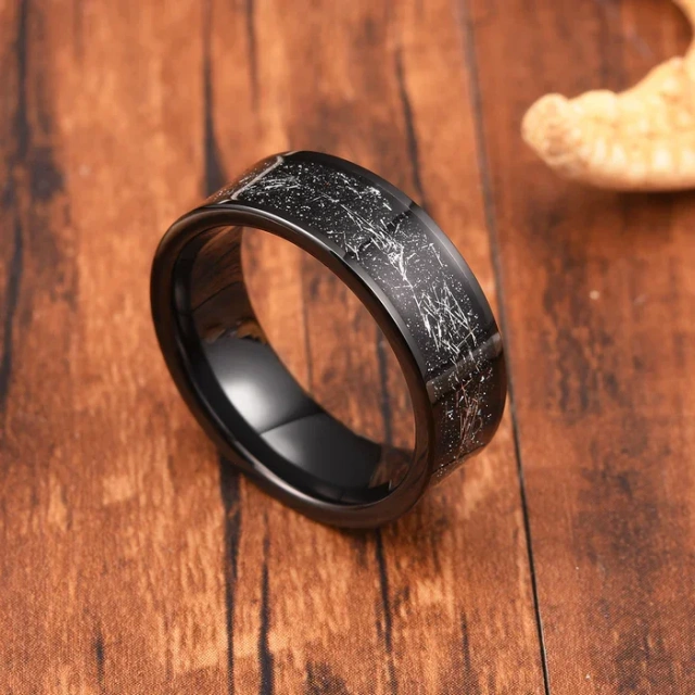 Fashion Jewelry Tungsten Ring Wholesale Price 8mm Pipe-cut Edge Black Tungsten Carbide Ring Silver Foil Inlay