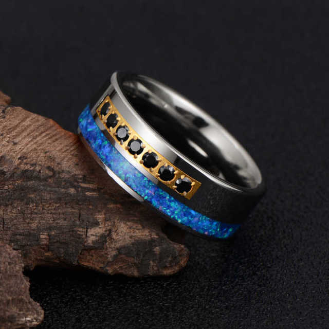 High Quality Custom 8mm Blue Opal Black CZ Stone Inlay Tungsten Ring for Man Wedding Ring Couple Set