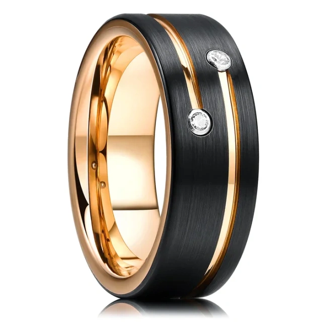 Wholesale Custom Jewelry Rings 8mm Black and Gold 18K Couple Tungsten Ring Wedding Band Cz Stone Grooved Pipe Cut