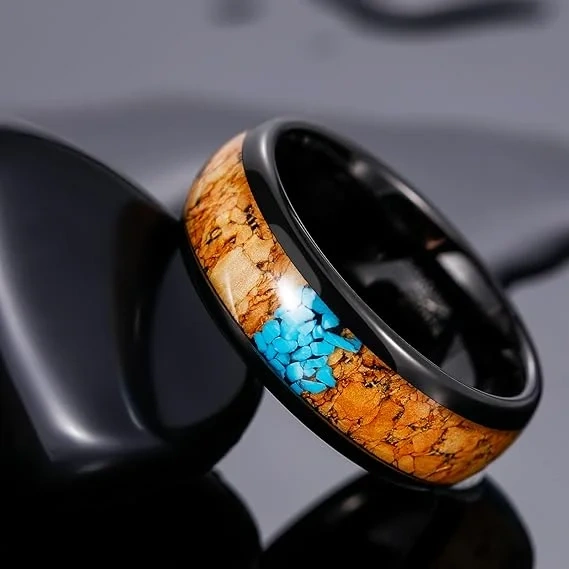 Wholesale Factory Price Custom Luxury Jewelry 8MM Black Tungsten Wood Turquoise Tungsten Ring Wedding Band Rings for Men