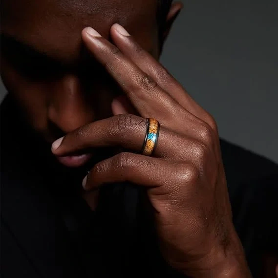 Wholesale Factory Price Custom Luxury Jewelry 8MM Black Tungsten Wood Turquoise Tungsten Ring Wedding Band Rings for Men