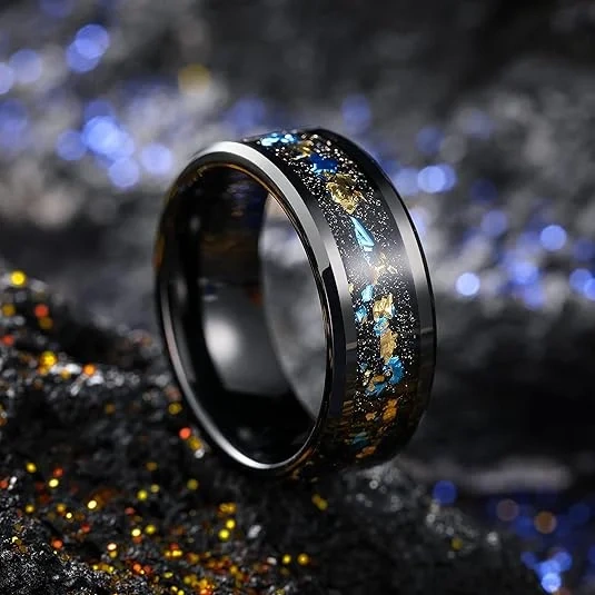 Factory Hot Sale Fashion Men Rings 8mm Blue Gold Foils Inlay Black Tungsten Ring for Man Wedding Ring Beveled Edge