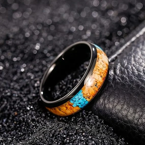 Wholesale Factory Price Custom Luxury Jewelry 8MM Black Tungsten Wood Turquoise Tungsten Ring Wedding Band Rings for Men