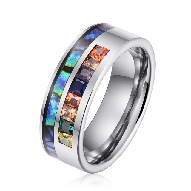Luxury Men Jewelry Colorful Cz Diamond and Shell Inlay Tungsten Carbide Men Ring Silver Plated Fashion Wedding Band Ring
