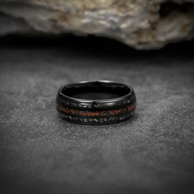 Ouyuan Factory Fine Jewelry 8mm Dinosaur Stone Meteorite Inlay Black Plated Tungsten Ring for Men Engagement Wedding Band