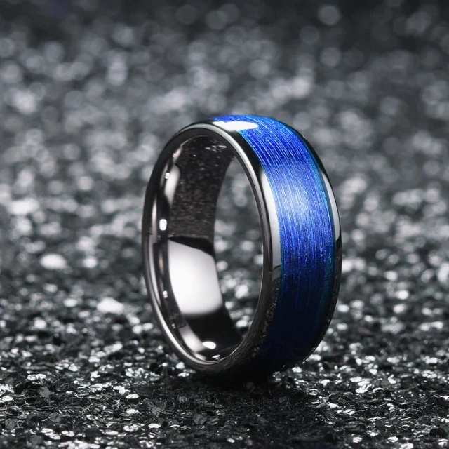 Custom 8mm 6mm High Polished Domed Blue Silk Texture Sticker Inlay Tungsten Ring for Men Women Engagement Wedding Band