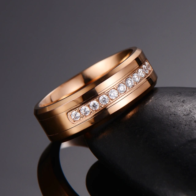 Fashion Rings Jewelry Wholesale 8mm Rose Gold Plated Stone Inlay Tungsten Ring for Men Women Engagement Wedding Band