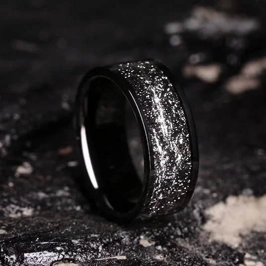 Hot Sale Fashion Men Rings 8mm Sliver Gold Foils Inlay Black Plated Tungsten Ring for Man Wedding Ring