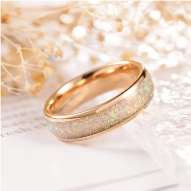 4mm High Polished Girls Ring Inlay Crushed White Fire Opal Tungsten Carbide Ring Rose Gold Plated Australian Fire Opal Rings