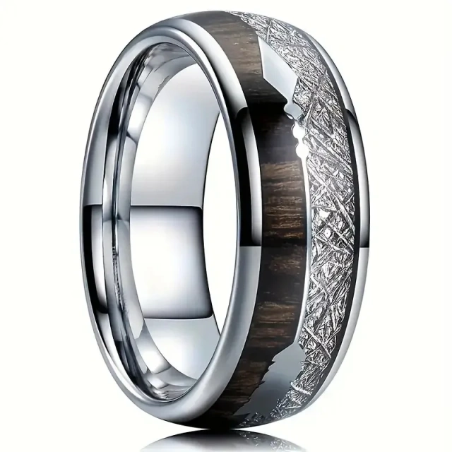 Fashion Men's Stainless Steel Ring Luxury Trendy 8mm Tungsten Carbide with Black Wood Inlay Black Plated Ring