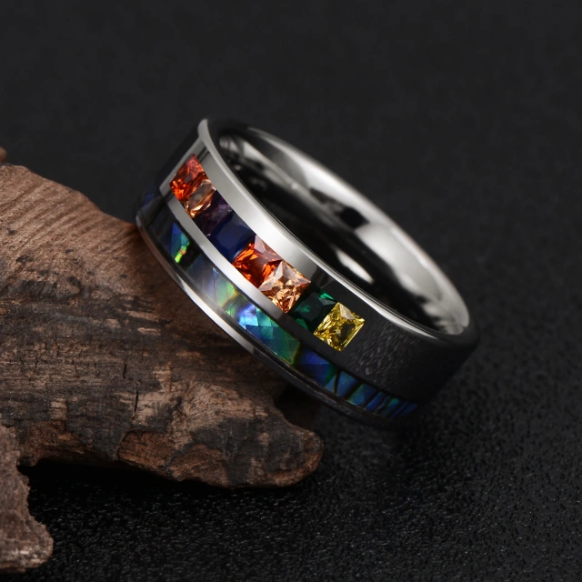 Luxury Men Jewelry Colorful Cz Diamond and Shell Inlay Tungsten Carbide Men Ring Silver Plated Fashion Wedding Band Ring