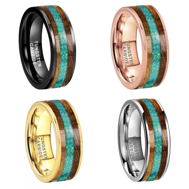 Factory Price Whiskey Barrel Wood Green Opal Wedding Rings for Men Women Fashion Rings Tungsten Carbide Men Bands Comfort Fit
