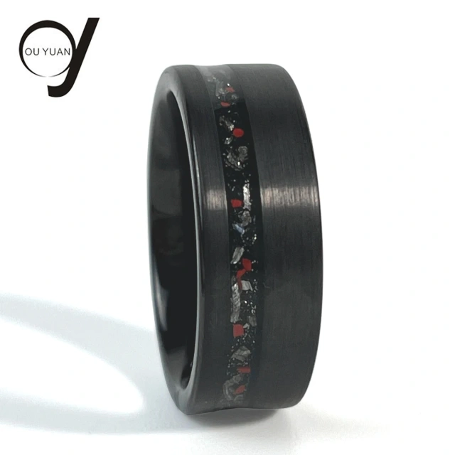 8mm 4mm Black Color Plated Luxury Tungsten Carbide Ring Classic 2.0 groove Meteorite Inlay Tungsten Carbide Ring
