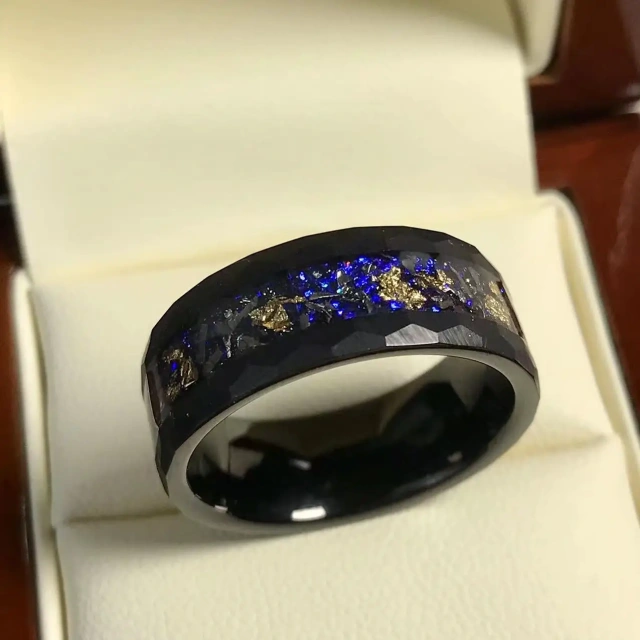 Newest Design Eternity 8mm Black Tungsten Carbide Hammered Matte Finished Meteorite Blue Opal Inlay Wedding Band for Men Rings
