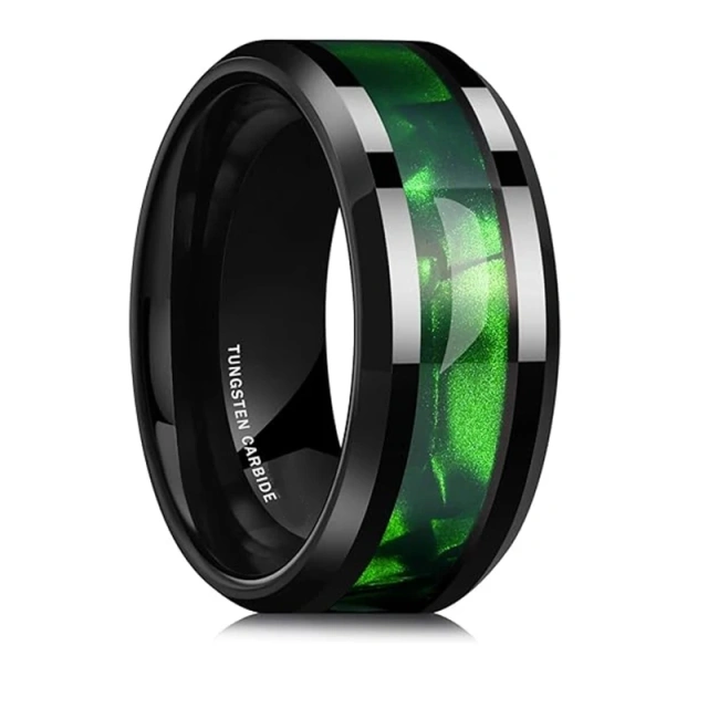 Custom 8MM Black Inlay Green/Black Olive Shell Tungsten Ring Wedding Band for Men Tungsten Ring Fashion Jewelry for Men Women
