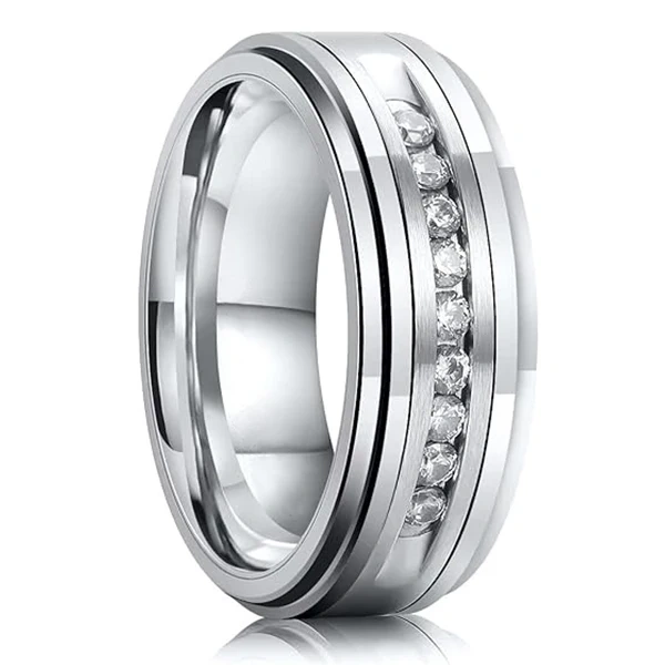 China Supplier Luxury Men Tungsten Carbide Ring Silver Plated Tungsten Ring with Cz Zircon Diamond Inlay