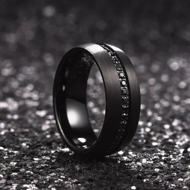 Wholesale Domed Brushed 8mm Cz Stone Inlay Black Tungsten Ring for Men Women Engagement Wedding Band comfort Fit