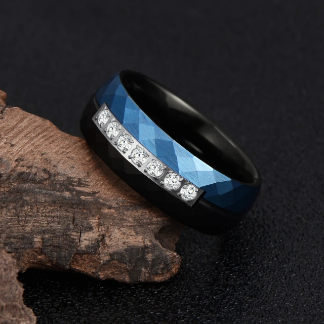 Fashion Jewelry Men Wedding Band Ring  8mm Hammered Tungsten Carbide Ring Mens Womens Engagement Half Eternity CZ Stone