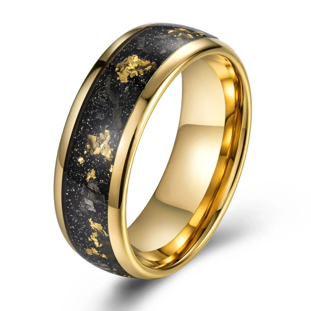 Newest Design Fashion Jewelry 8mm Meteorite Inlay 18K Gold Plated Tungsten Ring Engagement Wedding Band for Men Rings