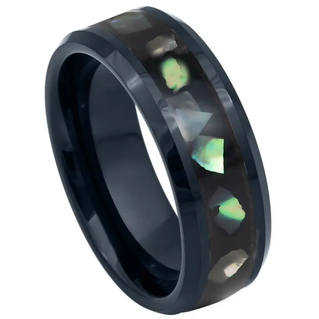 OuYuan Jewelry Hammered Black Tungsten Carbide Ring with Wooden and Turquoise Inlay Men's Wedding Band Ring
