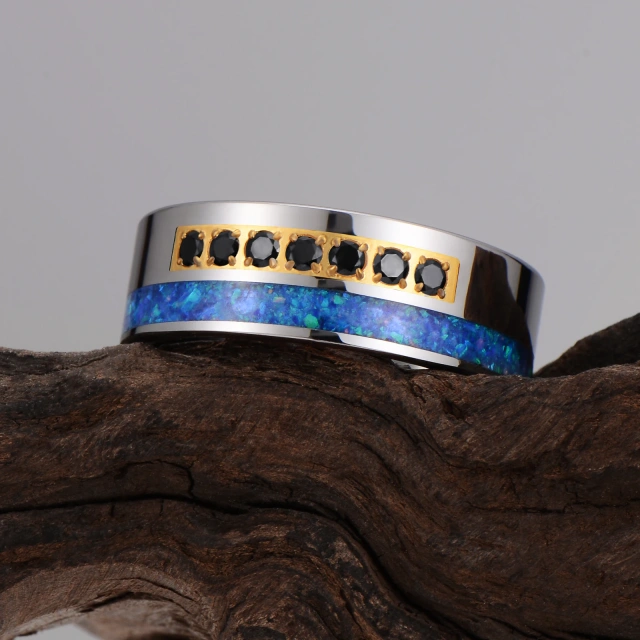 High Quality Custom 8mm Blue Opal Black CZ Stone Inlay Tungsten Ring for Man Wedding Ring Couple Set