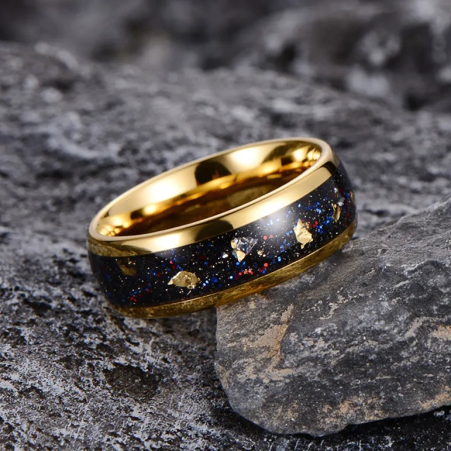8mm 4mm Dome Tungsten Ring Polished Silver Gold Leaf Meteorite Inlay Wedding Band Gift Couple Ring