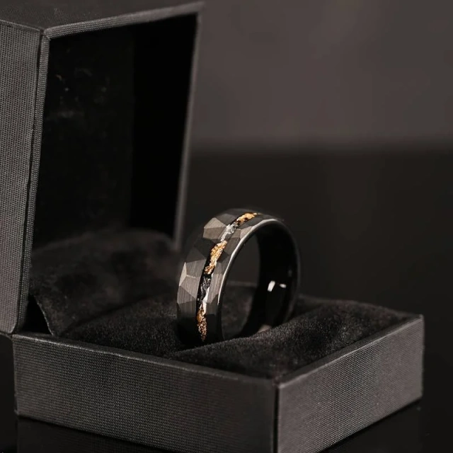 Hammer Meteorite Hammered Gold Foil Black Tungsten Promise Ring for Women Men