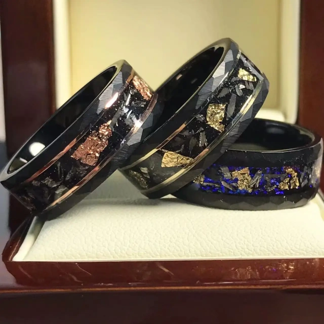 Newest Design Eternity 8mm Black Tungsten Carbide Hammered Matte Finished Meteorite Blue Opal Inlay Wedding Band for Men Rings