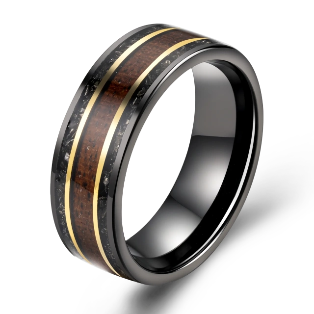 New Design Fashion Luxury Men Ring 8mm Gold Line and Rose Wood Meteorite Inlay Black Tungsten Carbide Ring Mens Wedding Ring