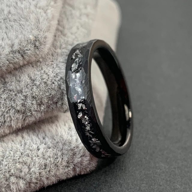 4mm Black Hammered or Matte Finish Crushed Meteorite Tungsten Ring for Men
