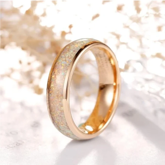 4mm High Polished Girls Ring Inlay Crushed White Fire Opal Tungsten Carbide Ring Rose Gold Plated Australian Fire Opal Rings