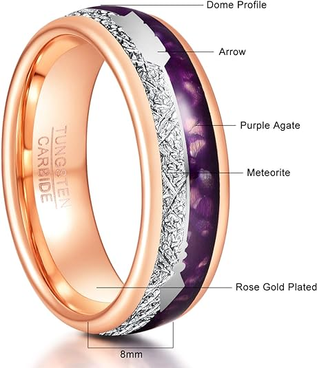8mm Meteorite Wedding Band With Purple/black Agate Inlay Rose Gold/silver Arrow Ring Tungsten Carbide Rings