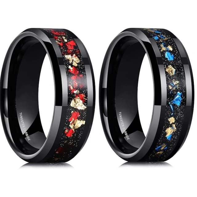 Factory Hot Sale Fashion Men Rings 8mm Blue Gold Foils Inlay Black Tungsten Ring for Man Wedding Ring Beveled Edge