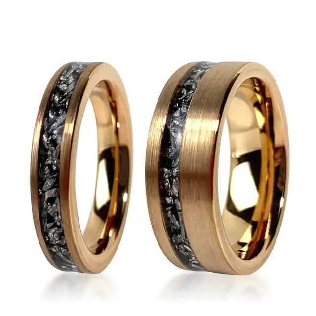 Ouyuan Fashion Rings Custom 8mm 4mm Inlay Meteorite Tungsten Carbide Rings 18K Gold Plated Rings comfort Fit