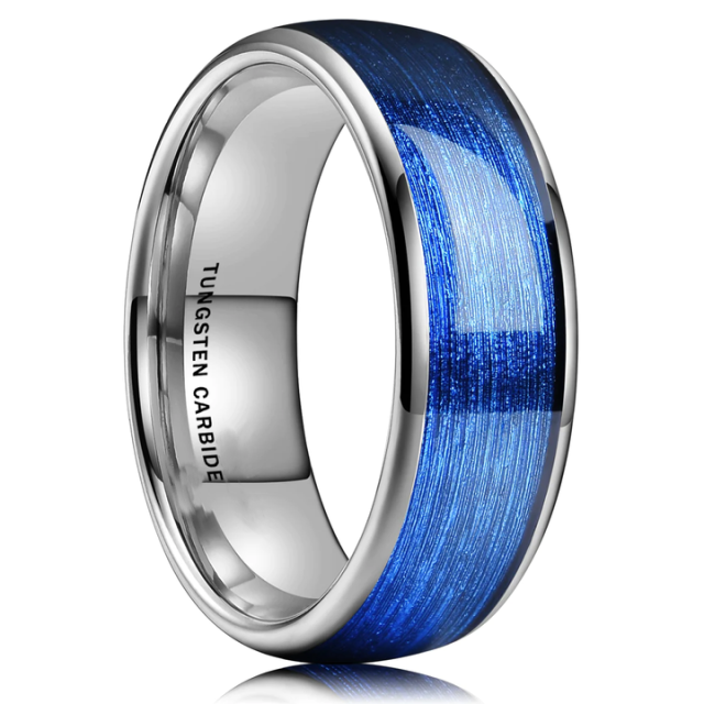 Custom 8mm 6mm High Polished Domed Blue Silk Texture Sticker Inlay Tungsten Ring for Men Women Engagement Wedding Band