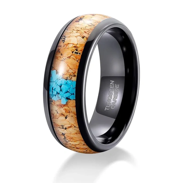 Wholesale Factory Price Custom Luxury Jewelry 8MM Black Tungsten Wood Turquoise Tungsten Ring Wedding Band Rings for Men