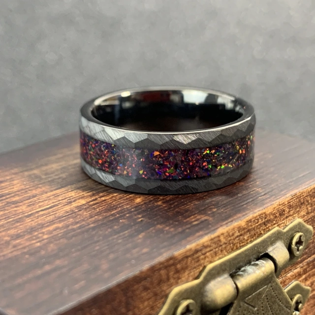 Custom Wedding Ring Gold Plated Couple Wedding Band Hammered White Black Fire Opal Tungsten Ring Couple Ring