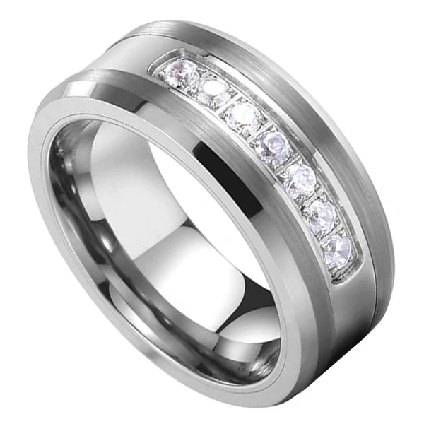 Luxury Men's Silver Plated Tungsten Carbide Ring with Comfort Fit CZ Inlay Fashionable Engagement Jewelry for Couples