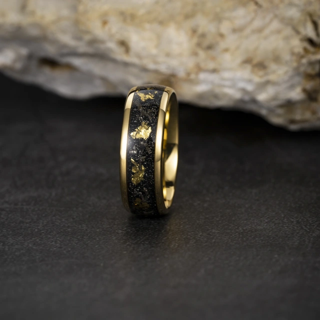 Newest Design Fashion Jewelry 8mm Meteorite Inlay 18K Gold Plated Tungsten Ring Engagement Wedding Band for Men Rings