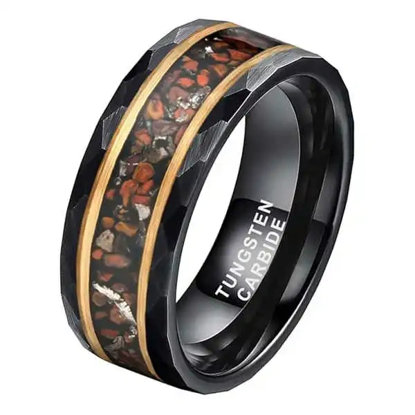 8mm Black Hammered Matte Finished Tungsten Meteorite Dinosaur Bone Inlay Wedding Ring for Men