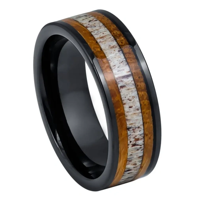 Wholesale Silver Plated 8mm Tungsten Ring for Men Fashion Jewelry Domed Whisky Wood Deer Antler Inlay Engagement Wedding Gift