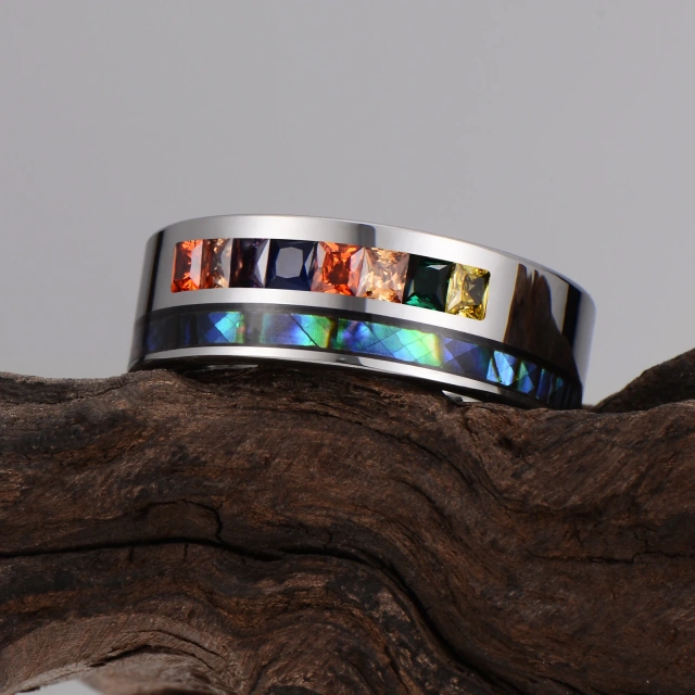 Luxury Men Jewelry Colorful Cz Diamond and Shell Inlay Tungsten Carbide Men Ring Silver Plated Fashion Wedding Band Ring