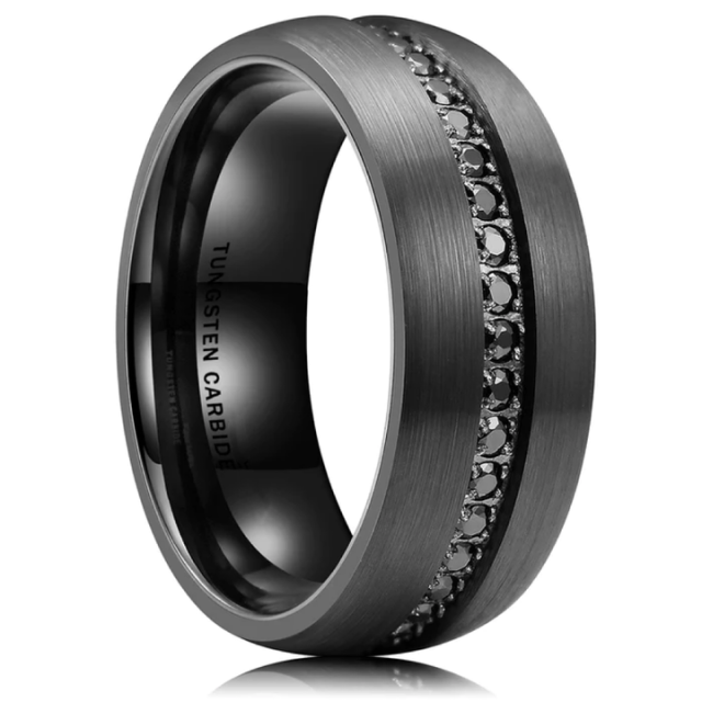 Wholesale Domed Brushed 8mm Cz Stone Inlay Black Tungsten Ring for Men Women Engagement Wedding Band comfort Fit