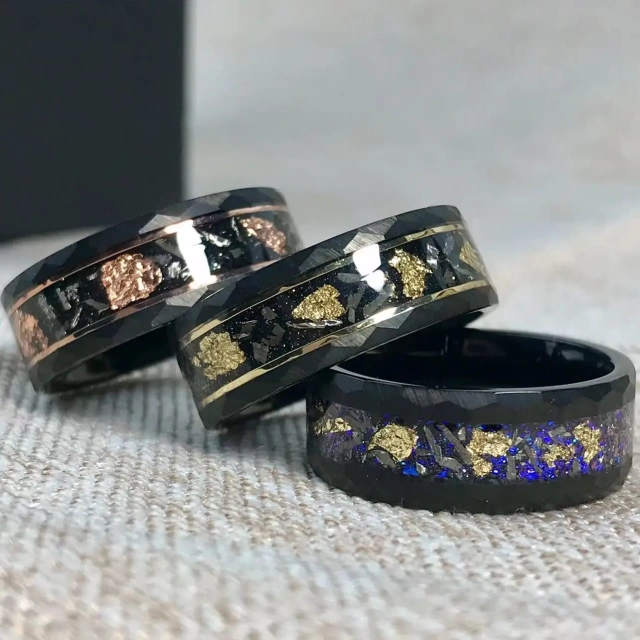 Newest Design Eternity 8mm Black Tungsten Carbide Hammered Matte Finished Meteorite Blue Opal Inlay Wedding Band for Men Rings