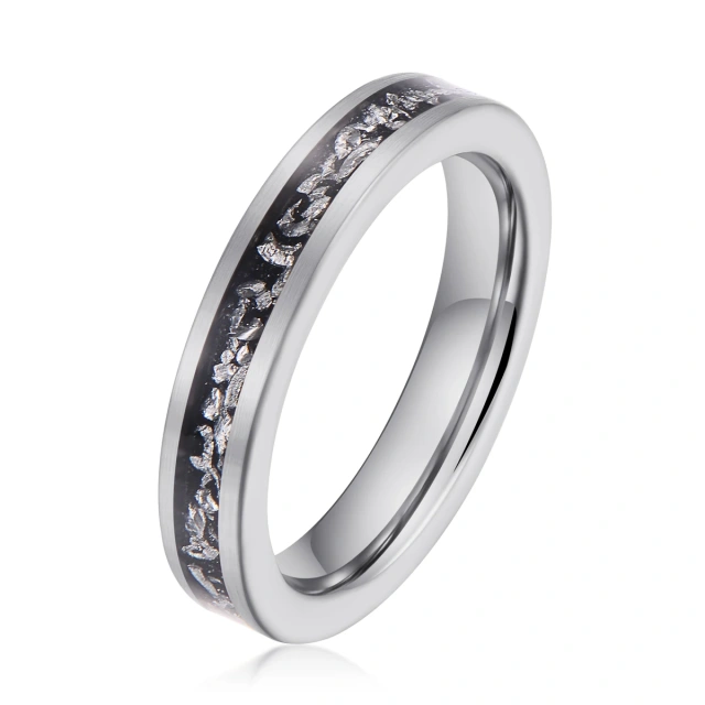 Guangzhou High Quality Fine Jewelry Rings Handmade Brushed Black Meteorite Inlay Silver Tungsten Ring for Men Women Rings