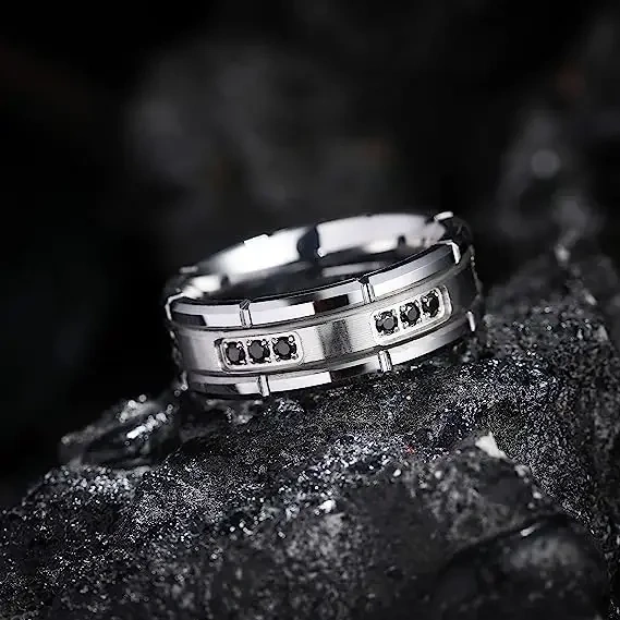 Ouyaun Manufacturer Tungsten Carbide Steel Ring CZ Black Plated Women Men Fashion Jewelry Ring comfort Fit