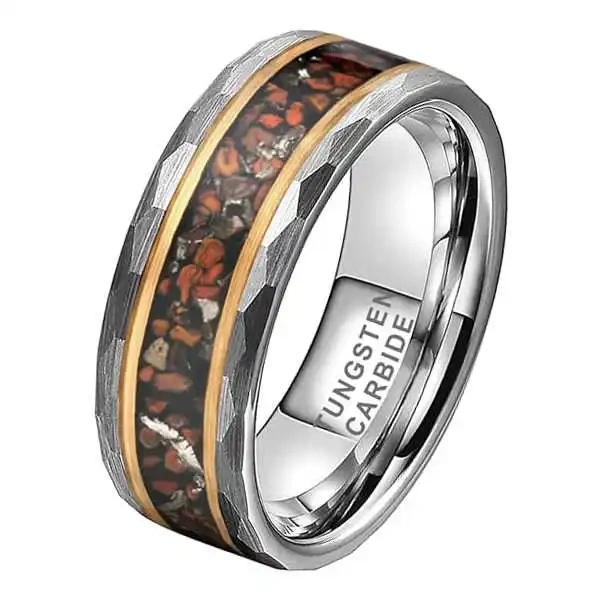 8mm Black Hammered Matte Finished Tungsten Meteorite Dinosaur Bone Inlay Wedding Ring for Men