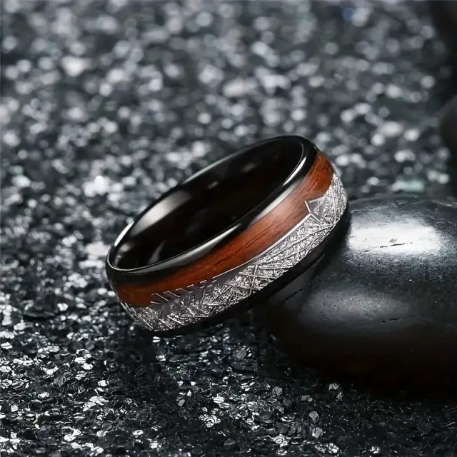 Fashion Men's Stainless Steel Ring Luxury Trendy 8mm Tungsten Carbide with Black Wood Inlay Black Plated Ring